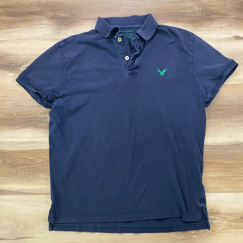 American Eagle Polo Shirt Large L Athletic Fit Cotton Pique Navy Blue Green Logo